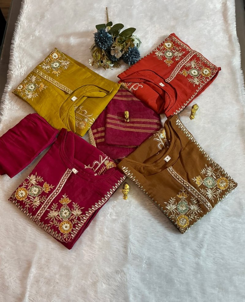 Iksana By Vitara Mul Chanderi Embroidery Kurtis Set Size Combo